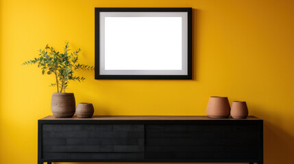Black photo frame mockup on yellow wall background, blank poster template. Minimalistic interior table vase with flowers decor