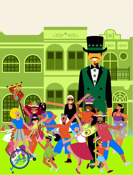 Brazilian Carnival - Diversity - Carnival Bloc 'Homem da Meia Noite' Parading Through the Streets