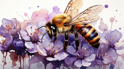 Bees collecting nectar from lavender flowers illustration. Sweet honey and bees drawing with paints. Honey advertising. Honey bees. Honey advertising concept. Generative AI. - obrazy, fototapety, plakaty