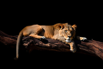 A lion sleeping on a tree at night 