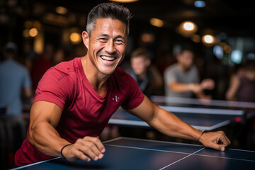 A skilled table tennis player engaging in a fast-pace photograph