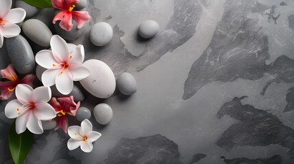 Aromatherapy, beauty, spa background with massage pebble, perfumed flowers water and candles on stone table top view. Relaxation and zen like concept. Flat lay. 