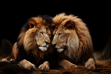 Fototapeta premium Two friendly lions sitting and snuggling
