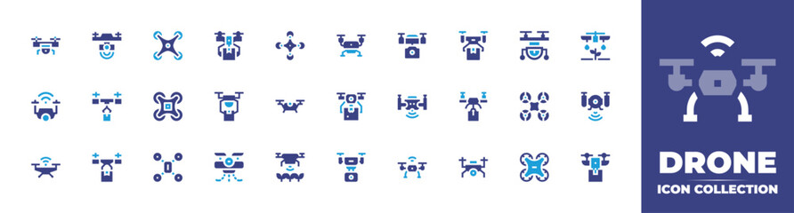 Drone icon collection. Duotone color. Vector and transparent illustration. Containing drone, smart farm, drone delivery, camera drone, aircraft, robotics.