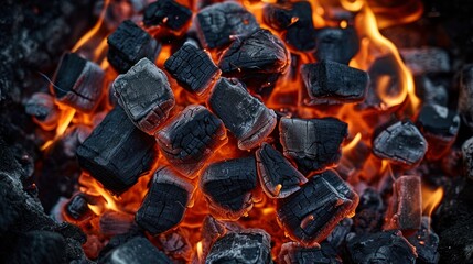 Glowing hot charcoal briquettes ready for grilling on a barbecue. - obrazy, fototapety, plakaty