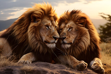 Obraz premium Two friendly lions sitting and snuggling