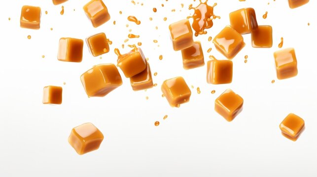 Flying caramel cubes isolated on white background. isolated on white background,