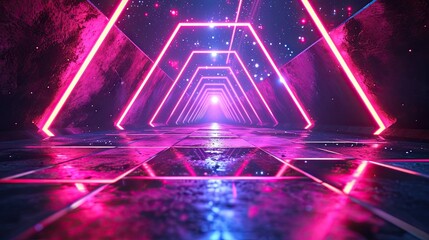 Tunnel made of geometric neon lights, pink and blue colors.
