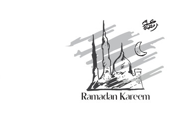 Vector ramadhan kareem, hand drawn mosque illustration with the word ramadhan kareem written below.