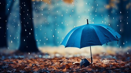 Autumn background with blue umbrella under rain against water drops splash. Rainy weather concept.
