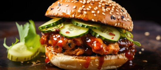 Spicy Thai poultry burger with tangy chili sauce and cucumber.