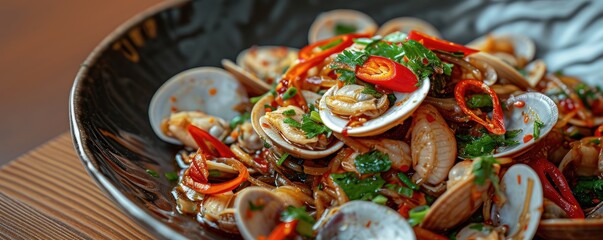 Spicy fried seafood. Fried mussels are a fresh street dish