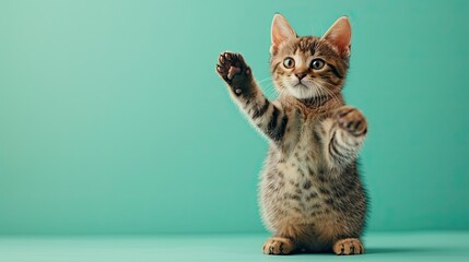 standing kitten isolated on green background