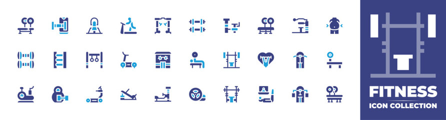 Fitness icon collection. Duotone color. Vector and transparent illustration. Containing treadmill, dumbbells, physical wellbeing, gym machine, online fitness, exercise, fat, bench, ladder.