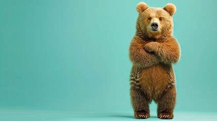 Full body grizzly bear posing in crossed arms on green background - obrazy, fototapety, plakaty