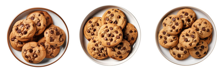 Set of chocolate chip cookies in a plate top view on transparent background