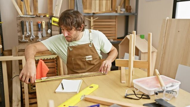 Bearded man with apron measuring wood in a workshop.