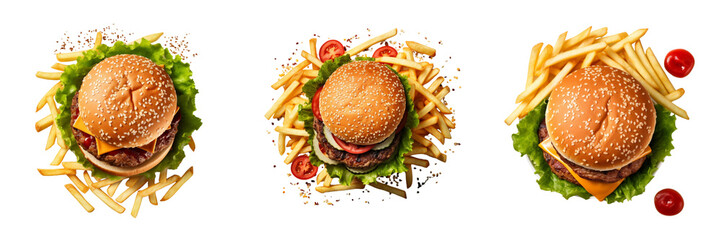 Set of delicious hamburger and french fries top view on transparent background