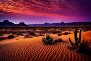Foto op Plexiglas A breathtaking desert landscape at twilight, with towering sand dunes, a colorful sky painted with hues of orange and purple, and the silhouette of cacti against the horizon. © Resonant Visions