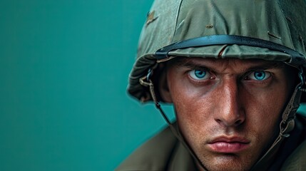 Soldier looks angry looking to cam - obrazy, fototapety, plakaty