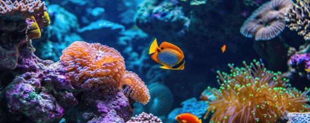 Naklejka na ściany i meble Underwater view of tropical coral reef with fishes and corals. Beautiful marine life, abstract natural background, gorgeous coral garden underwater, tropical. beauty of wild natu