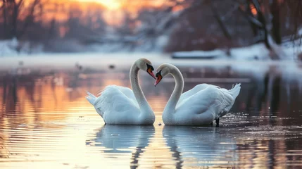 Fotobehang Adorable Animals That Represent Love, Swan Swimming in River. © Suwanlee