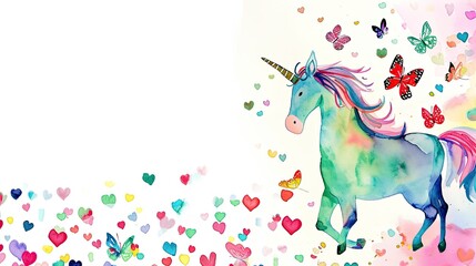 
Scrapbook background page, in the corner of page, watercolor illustration of a unicorn, hearts, butterflies on a solid white background 