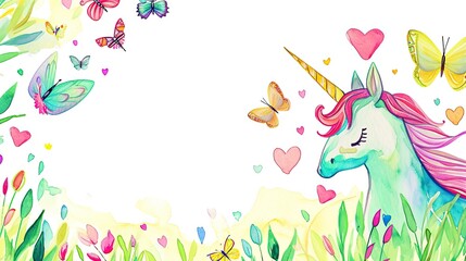 
Scrapbook background page, in the corner of page, watercolor illustration of a unicorn, hearts, butterflies on a solid white background 
