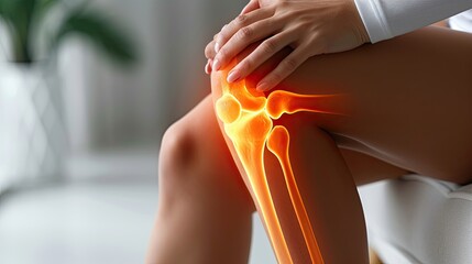 Knee pain recreation, internal view to the bones, hand of a person on the knee.