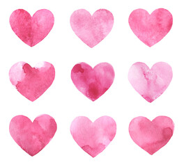 Set of watercolor hand drawn hearts isolated on transparent background. Hand drawn illustration