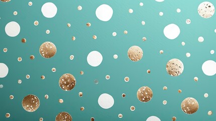 Fototapeta na wymiar White and golden polka dot patterns with turquoise background stock illustration, in the style of glittery