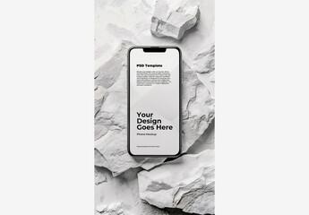 White Phone on Rock Wall Mockup Template with White Background and Black Frame - Phone Mockup Template Screen.