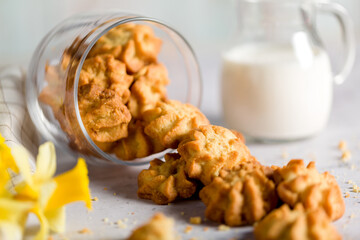 Shortbread Cookies. Fresh Baked Shortbread and Milk on a Light Background