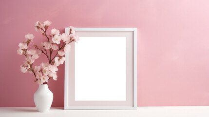 White photo frame mockup on pink wall background, blank poster template. Minimalistic interior table vase with flowers decor