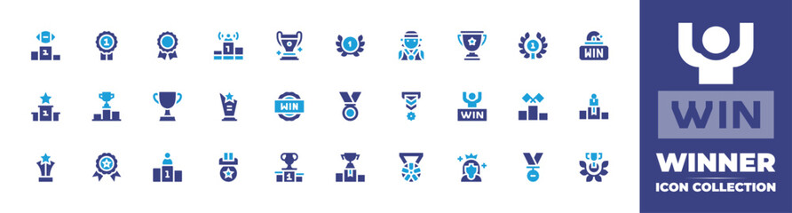 Winner icon collection. Duotone color. Vector and transparent illustration. Containing medal, laurel wreath, winner, trophy, podium, position, winning, first prize, win, goal.