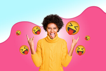 Photo collage image young crazy girl showing rock roll sign tongue emotional reaction iphone emoji rocker gesture fun drawing background