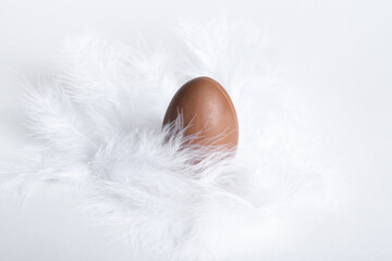 Easter chocolate egg in a white soft feather nest. Egg hunting concept. Sweet Easter tradition....