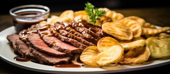 Closeup of plate with brown sauce, showcasing sliced roast beef, fried onion rings, and potato chips.