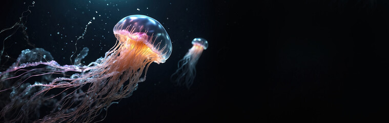 jellyfish floating in water, panoramic layout. Generative Ai