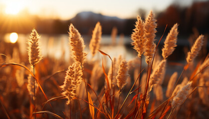 Obraz premium Sunset over a rural farm, meadow glowing with golden wheat generated by AI
