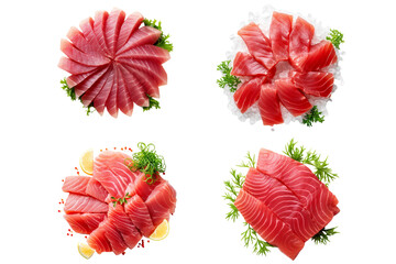 Set of tuna sashimi top view on transparent background