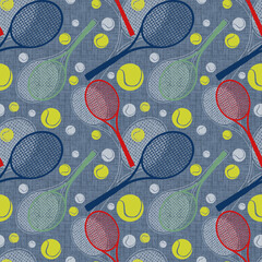 Seamless sports pattern. Colorful tennis rackets and balls on a gray-blue background. - 707929114