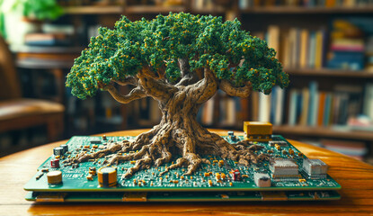 small, green tree with a thick trunk and lush leaves, rooted on a green electronic circuit board with various components