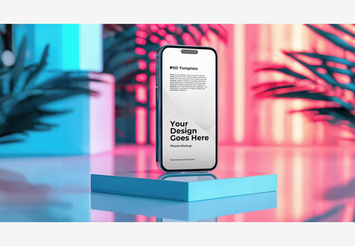 Phone Mockup Template Screen on Vibrant Background with Palm Trees and Neon Light | Stock Image
