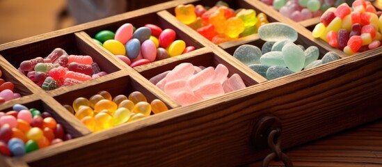 Fototapeta premium Various flavor-filled candies in a wooden container.