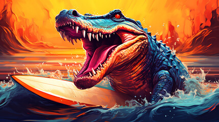 Laughing scene of a funny crocodile on a surfboard in the river
