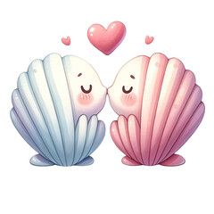 Cute couple of seashells kissing,Valentines Day,PNG,Clipart,Watercolor illustration,Isolated on Transparent Background