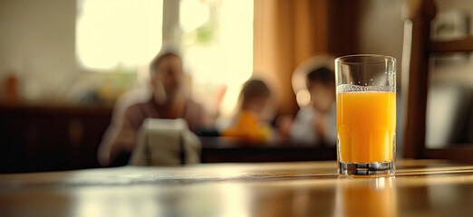 A glass of orange juice on a table with a blurred background