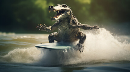 Laughing scene of a funny crocodile on a surfboard in the river