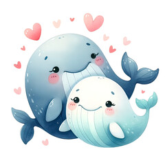 Watercolor Couple of whales in love,,Valentines Day,PNG,Clipart,Watercolor illustration,Isolated on Transparent Background